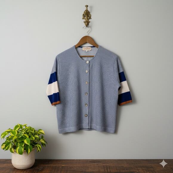 Chiara Cocol Women’s Striped Mixed Media Cardigan XS Navy, White & Orange - Picture 1 of 13